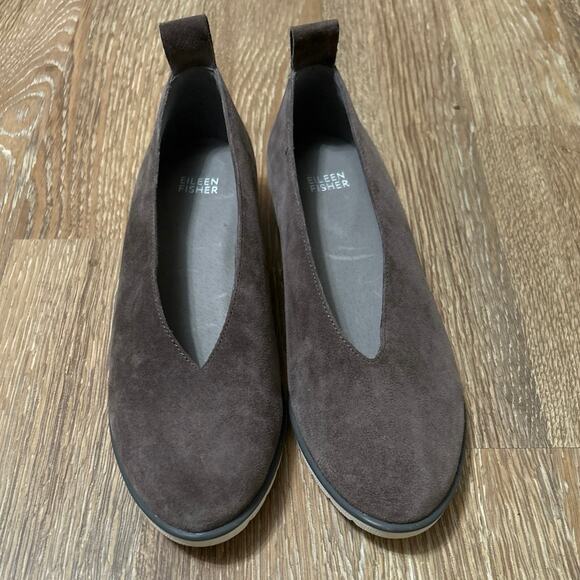Eileen Fisher Humor Suede Leather Taupe Gray Wedge Ballet Flats Size 8 - Picture 2 of 11